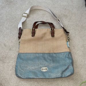 Fossil Explore Foldover Leather Straw Tote
